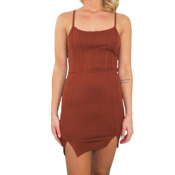 Zaful Brown Front Slit Spaghetti Strap Mini Dress Bodycon Sexy Small - Picture 2 of 7